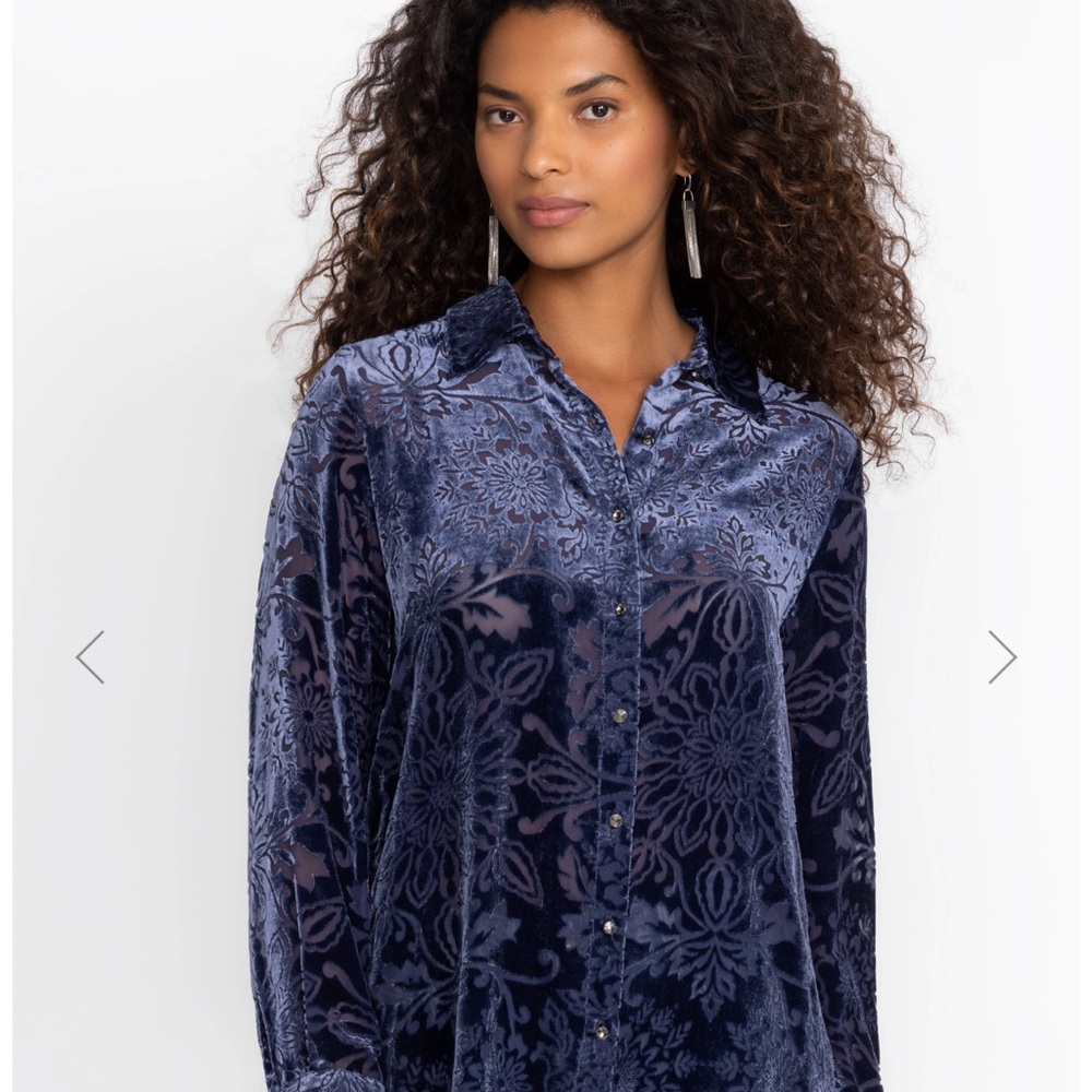 Jade by Johnny Was Blue Long Sleeve Boxy Button Down Blouse
